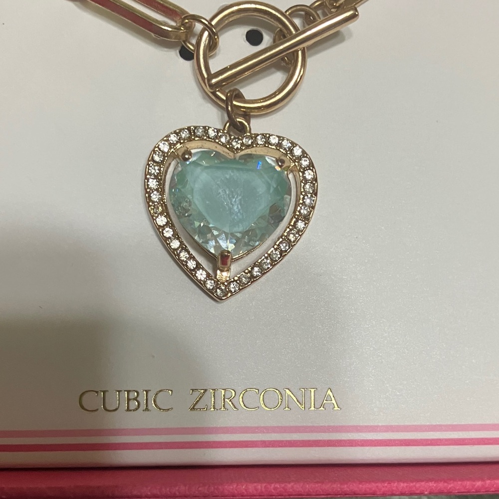 Bella+Jack Gold Link Necklace with Aqua Heart Charm